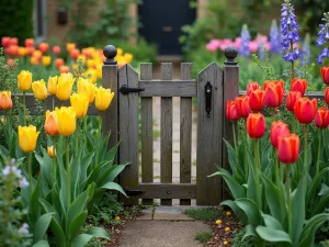 Rustic Cottage Garden Gate - Aerial view of a weathered wooden garden gate surrounded by Darwin hybrid tulips in yellow and red, with flowering quince and delphiniums. Cottage-style garden beds visible beyond.