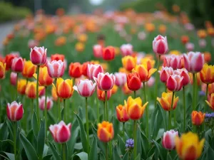 Scattered Tulip Clusters - Natural-looking clusters of mixed tulips in varying sizes scattered throughout a meadow-style garden, wide-angle view with wildflowers