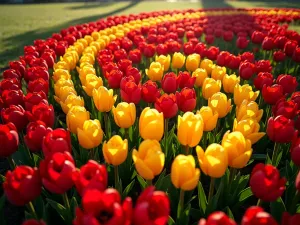 Spiral Tulip Display - A mesmerizing spiral pattern of red and yellow tulips forming a perfect fibonacci sequence in a well-manicured garden, viewed from above, soft morning light casting gentle shadows