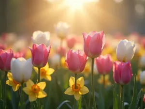 Morning Sunrise Tulip and Daffodil Border - A misty morning garden border with pink and white tulips mixed with golden daffodils, backlit by soft sunrise light, creating a dreamy atmosphere with dewdrops visible on petals, photorealistic style