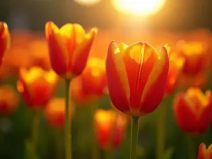 Sunset Tulip Palette - Close-up shot of orange, red, and yellow tulips catching the golden hour light, creating a warm, glowing effect with bokeh background