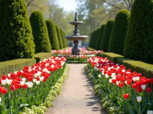 Symmetrical Tulip Garden Path - A formal garden path with perfectly symmetrical rows of red and white tulips, neatly trimmed boxwood hedges on both sides, leading to an ornate stone fountain in the distance, shot from ground level