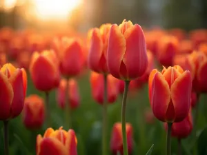 Tall Tulip Backdrop - Close-up of magnificent Emperor tulips reaching 3 feet tall, creating a dramatic backdrop for shorter spring flowers. Shallow depth of field, golden hour lighting