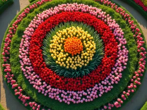 Tiered Tulip Display - Aerial view of circular tiered garden with concentric rings of tulips, each ring featuring different heights and colors, creating a mesmerizing pattern