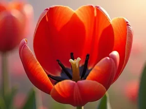 Tulip Anatomy Close-up - Detailed macro photography of a vibrant red tulip flower, showing intricate details of petals, stamen, and pistil against a soft blurred background, photorealistic botanical illustration style