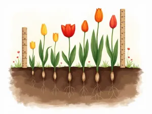 Tulip Bulb Planting Guide - Cross-section illustration of soil showing proper tulip bulb planting depth, with ruler markings and multiple bulbs at different stages, educational diagram style with soft natural colors