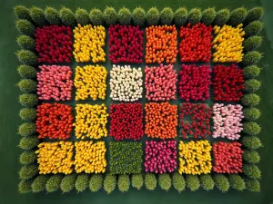 Tulip Color Block Design - An aerial view of a formal garden with perfectly square blocks of single-color tulips creating a stunning patchwork pattern, reminiscent of a living Mondrian painting