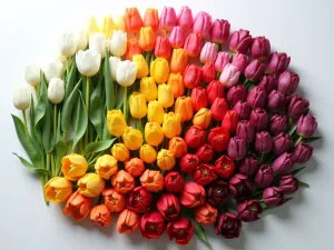 Tulip Color Palette - Artistic arrangement of different tulip varieties showing full spectrum of available colors, from white to deep purple, organized in a color wheel pattern