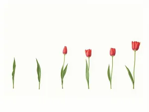 Tulip Growth Stages - Series of tulips showing different growth stages from emerging shoot to full bloom, arranged in a timeline format against a clean white background, botanical illustration style