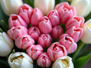 Tulip Heart Design - A heart-shaped pattern created with pink tulips surrounded by white tulips, viewed from above, with morning dew glistening on the petals