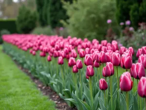 Tulip Height Gradient - Side view of a meticulously planned garden bed showing a perfect gradient of tulip heights, from shortest to tallest, in complementary pink and purple shades