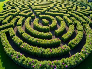 Tulip Maze Design - An intricate maze pattern created with purple tulips and boxwood hedges, viewed from above showing the complete labyrinth design