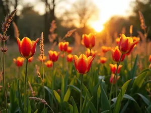 Tulip Meadow Design - A naturalistic meadow garden with wild-looking species tulips scattered among ornamental grasses, photographed at golden hour with backlight highlighting the flowers