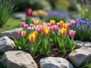 Tulip Rock Garden - A natural-looking rock garden featuring small species tulips and muscari growing between weathered stones, photographed from a low angle