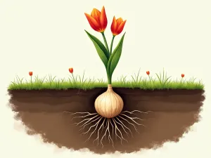 Tulip Root System - Detailed underground view of tulip bulb and root system development, showing soil composition and root structure, illustration style