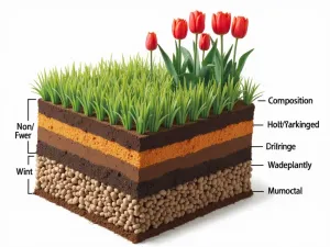 Tulip Soil Requirements - Cross-section showing ideal soil composition and drainage for tulips, with different soil layer types clearly labeled