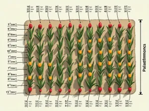 Tulip Spacing Guide - Aerial view of proper tulip bulb spacing patterns, showing different planting arrangements and measurements, diagram style