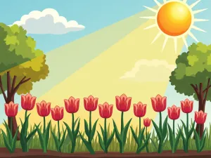 Tulip Sunlight Requirements - Visual representation of optimal sunlight conditions for tulips, showing sun patterns and shadows throughout the day in a garden setting