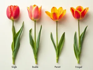 Tulip Varieties Comparison - Side-by-side comparison of different tulip shapes and forms, including single, double, parrot, and fringed varieties, arranged on a neutral background with labels