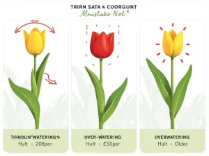 Tulip Water Needs - Illustration showing proper watering techniques and moisture levels for tulips, with visual indicators of under-watering and over-watering effects