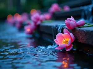 Twilight Tulip Cascade - Close-up of a stepped water feature with illuminated pink and purple tulips appearing to cascade down alongside the flowing water, captured in the blue hour.