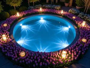 Twilight Tulip Mirror Pool - Aerial view of a circular reflecting pool surrounded by illuminated purple and white tulips, with underwater lights creating a starry effect in the water. Garden lanterns cast gentle shadows across the scene.