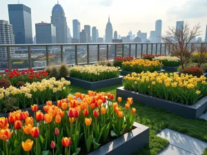 Urban Rooftop Tulip Garden - Aerial view of a modern rooftop garden featuring raised beds filled with colorful tulips and daffodils against urban skyline backdrop