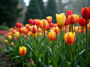 Vertical Tulip Vista - Dramatic wide-angle shot of a sloped garden featuring tall tulip varieties creating vertical lines against an evergreen backdrop, morning dew visible