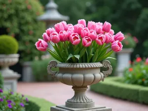 Victorian Urn Collection - Ornate stone urn filled with frilled tulips in pink and purple, positioned on a formal garden terrace with symmetrical arrangement