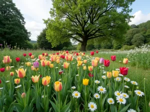 Wild Cottage Garden Meadow - Wide-angle view of a naturalistic cottage garden with species tulips scattered throughout meadow grass, complemented by cowslips and wild daisies. Ancient apple tree in background.