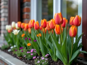 Window Box Height Study - Detailed view of a window box featuring carefully selected tulip varieties of different heights, creating depth and interest in a small space