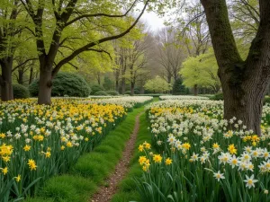 Woodland Edge Tulip Display - Natural transition between woodland and garden with species tulips and wild daffodils naturalized in drifts under deciduous trees