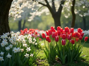 Layered Woodland Tulip Display - Natural woodland garden setting with clusters of red and purple tulips and white daffodils growing beneath flowering cherry trees, with dappled sunlight creating shadows on the ground