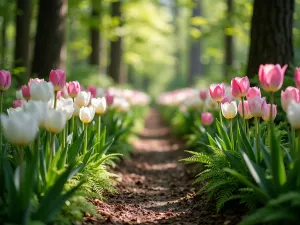 Woodland Tulip Path - An enchanting woodland garden path lined with naturalized white and pink Darwin tulips among ferns and hostas, captured in dappled sunlight with a shallow depth of field