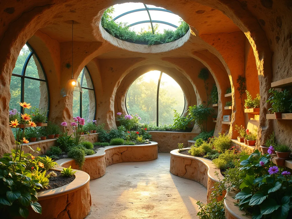 Interactive Children's Underground Garden Discovery Zone - A magical underground garden sanctuary designed for children, photographed at golden hour with soft natural light filtering through glass panels. Features a cozy, cave-like space with rounded walls and viewing windows at different heights showing exposed root systems of various plants. Interactive touch-and-feel botanical displays, child-safe herbs, and colorful sensory plants line natural wooden shelves. A terrarium-style glass ceiling allows natural light while creating a warm, protected atmosphere. Small LED lights illuminate observation stations where children can watch earthworms and beneficial insects. The space includes child-sized wooden stools, magnifying glasses, and educational plaques with simple plant facts. Shot with a wide-angle lens to capture the entire educational play space, highlighting the blend of natural materials, safety features, and whimsical design elements.