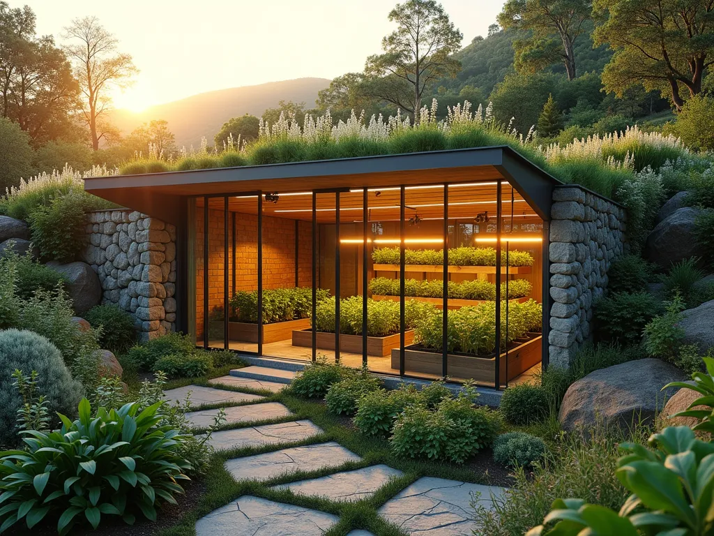 Sustainable Underground Garden Sanctuary - A stunning wide-angle shot of a modern earth-sheltered garden space at golden hour, partially embedded into a hillside. The curved glass entrance reflects warm sunlight, while solar tubes illuminate the eco-friendly underground growing space. Inside, visible through the glass, are terraced hydroponic vegetable beds bathed in natural light. The green roof is adorned with native wildflowers and solar panels. A sophisticated rainwater collection system integrates seamlessly with the landscape, feeding into internal storage tanks. The entrance is flanked by vertical herb gardens and LED grow lights powered by solar energy. The space features exposed natural stone walls, creating a harmonious blend with the surrounding environment. Shot with a DSLR camera at f/8, capturing the intricate details of both the sustainable technology and thriving plant life.