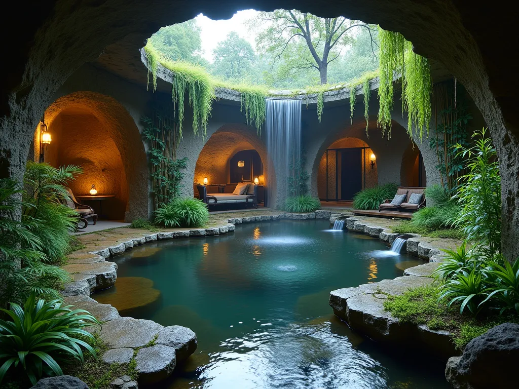 Enchanted Sound Garden Grotto - A mystical underground grotto garden photographed at dusk with soft ambient lighting. Wide-angle shot capturing a circular chamber with natural stone walls adorned with trailing Japanese Forest Grass and Boston Ferns. Central focus on a serene reflection pool with multiple small cascading waterfalls creating gentle sounds. Bamboo stems strategically placed to create whispers in the breeze. Natural stone benches covered in moss integrate with the walls. Delicate uplighting illuminates the flowing water and dancing plant shadows. Glass ceiling panels partially visible above, allowing natural light to filter through. Mexican Feather Grass and Silver Falls Dichondra create movement near meditation spaces. Shot with atmospheric mist, capturing the interplay of light and water at f/2.8, creating a dreamy bokeh effect on water droplets.