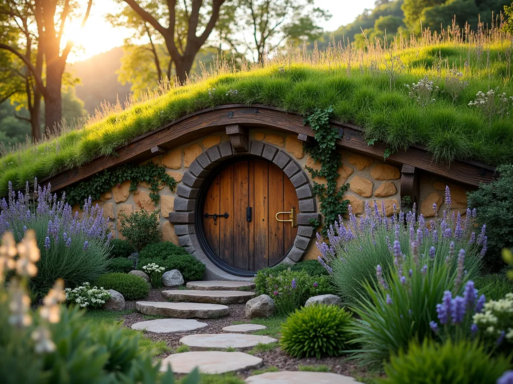 Hobbit-Style Underground Garden Retreat - A magical underground garden room photographed at golden hour, featuring a curved earthen roof covered in flowing native grasses and blooming wildflowers. A charming round wooden door with brass hardware is set into a stone-faced entrance wall draped with cascading vines. The entrance is flanked by blooming lavender and cottage garden flowers. Shot with a wide-angle lens at f/2.8 to capture the entire structure nestled into a gentle hillside, with soft evening light casting warm shadows across the living roof. Natural stone steps lead down to the whimsical door, while butterfly bushes and flowering perennials create a enchanting pathway. The grass-covered roof seamlessly blends into the surrounding landscape, creating a hobbit-inspired hidden sanctuary in a residential backyard setting.