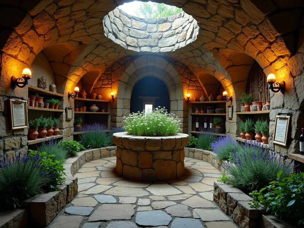 Medieval Underground Herb Sanctuary - A mystical underground garden chamber with stone archways and flickering iron sconces, photographed at dusk. Ancient wooden shelves line rough-hewn stone walls, holding clay pots of sage, lavender, and rosemary. A central stone pedestal features a thriving chamomile garden beneath a ceiling opening that casts dramatic natural light. Medieval-style hanging dried herb bundles and vintage apothecary bottles create authentic atmosphere. Stone pathways wind through raised herb beds with thyme and mint. Educational parchment-style plaques describe medicinal uses. Wide-angle shot captures the entire atmospheric space, f/2.8 creates dreamy depth of field, warm evening light streams through ceiling opening.