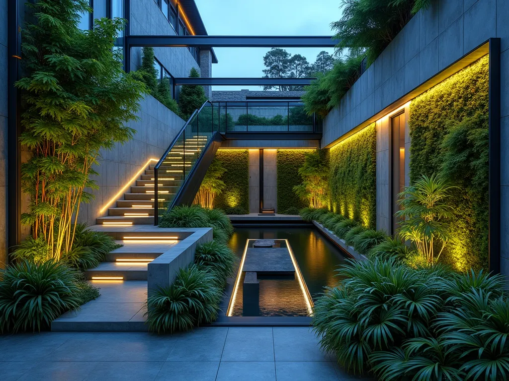 Modern Light Well Garden with LED Integration - A dramatic evening shot of a contemporary sunken light well garden, captured at f/8 with a wide-angle lens. Sleek stainless steel frames and tempered glass panels form a minimalist structure, extending from basement level to ground level. Living walls cascade with lush ferns, philodendrons, and Japanese forest grass, creating a vertical tapestry of green against polished concrete walls. Strategic LED strip lighting casts a mesmerizing blue-white glow, highlighting the architectural elements and creating shadow patterns across the space. A floating steel staircase with glass treads descends into the garden, while a central water feature provides subtle reflection. The composition includes modern geometric planters containing architectural plants like snake plants and bamboo. The photo captures the interplay between natural and artificial light, emphasizing the contemporary design elements while showcasing the integration of nature in an underground space.