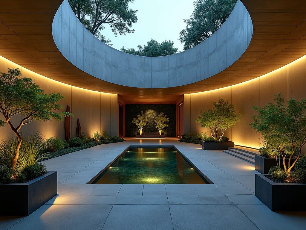 Modern Underground Art Garden Sanctuary - A stunning DSLR wide-angle photograph of a sophisticated underground garden bunker, captured at dusk with dramatic LED uplighting. The space features sleek concrete walls adorned with living wall installations and minimalist steel sculptures. A central glass-bottomed reflecting pool creates mesmerizing light patterns on the curved ceiling. Strategic spotlighting illuminates carefully curated Japanese maples and architectural bamboo clusters. Modern geometric planters contain sculptural succulents and ornamental grasses. The space is photographed at f/8 with natural light filtering through a discrete skylight, creating an interplay of shadows and light across the contemporary art installations and plant compositions. The underground sanctuary seamlessly blends organic and architectural elements, with a floating steel staircase leading to the garden level above.