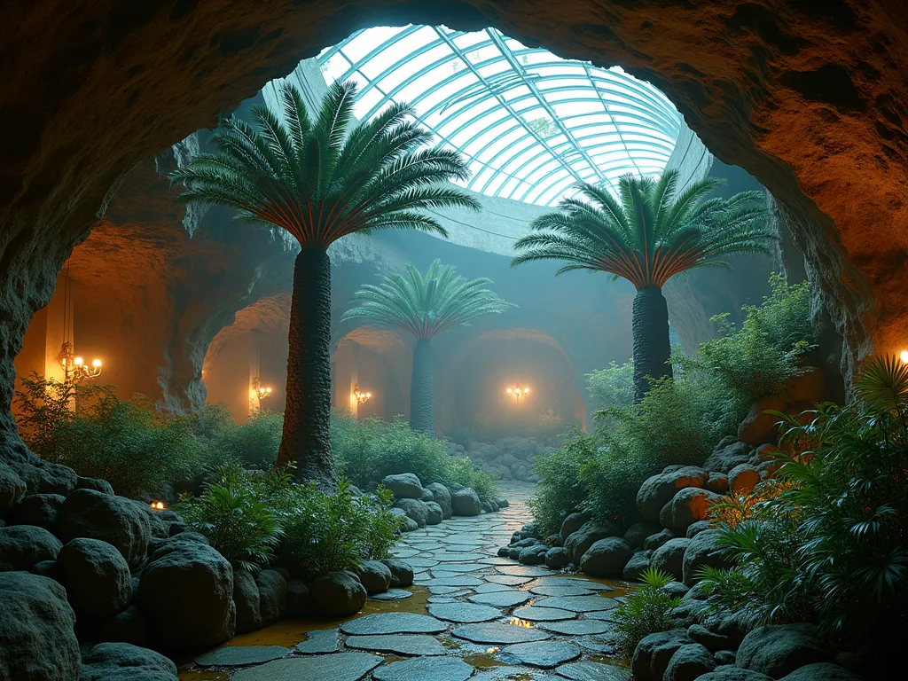 Prehistoric Cycad Underground Sanctuary - A stunning underground garden sanctuary photographed with a 16-35mm lens at f/2.8, ISO 400. The space features a dramatic curved glass ceiling with climate-controlled environment, housing majestic prehistoric cycads of varying sizes. Ancient-looking rock formations and mist create a Jurassic atmosphere, while subtle LED lighting casts mysterious shadows. The cycads' symmetrical fronds reach towards specialized growing lights, creating an ethereal scene. Modern monitoring systems are discretely integrated into natural stone walls. A narrow stone pathway winds through the collection, with small pools of water reflecting the ambient lighting. The perspective is a wide-angle shot capturing the full grandeur of the space, with evening lighting creating a magical atmosphere.