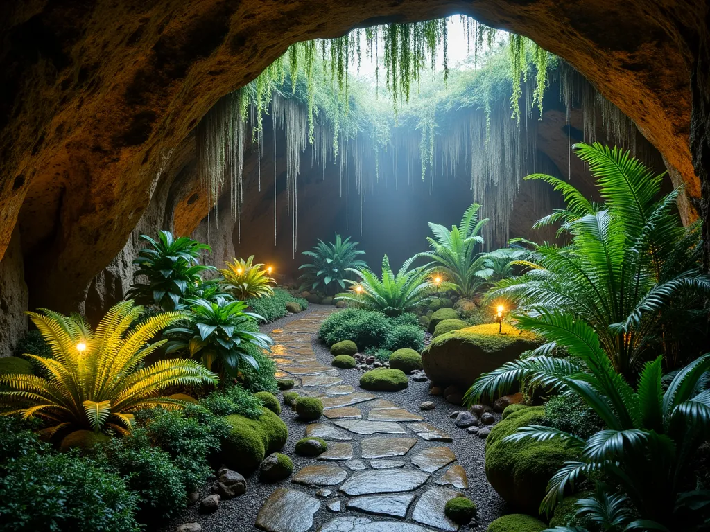 Prehistoric Fern Grotto Sanctuary - A mystical underground grotto garden illuminated by warm ambient lighting and gentle mist, showcasing a dramatic collection of towering tree ferns, delicate maidenhair ferns, and ancient cycads. Stone walls draped with hanging ferns and velvety moss create a Jurassic atmosphere, while strategic uplighting casts dramatic shadows on the cave-like ceiling. A narrow stone pathway winds through the verdant collection of prehistoric plants, with small LED ground lights creating a ethereal glow. Natural rock formations are interspersed throughout, and a gentle water feature trickles down moss-covered rocks. The scene is captured in a wide-angle perspective during twilight hours, highlighting the interplay between the mist, lighting, and lush greenery.