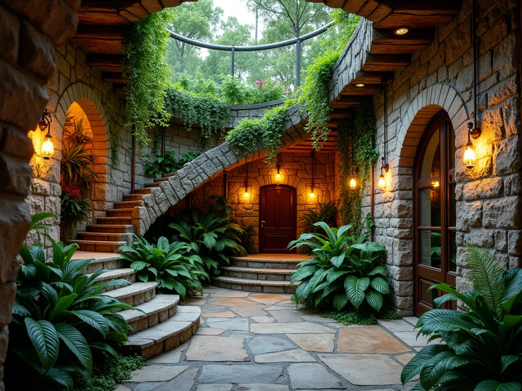 Rainforest Root Cellar Garden - A mystical underground root cellar transformed into a lush rainforest paradise, photographed at twilight with soft ambient lighting. Wide-angle view showing stone stairs leading down to a glass door entrance. The curved stone walls are draped with cascading Boston ferns, staghorn ferns, and hanging orchids. Climbing monstera and philodendron vines weave across the weathered stone walls, while strategic LED grow lights create a dreamy atmosphere. The ceiling features exposed wooden beams with hanging air plants and brass ventilation fixtures. The floor shows a sophisticated drainage system integrated into natural stone pavers, with small channels directing water flow. Mist generators create a ethereal tropical atmosphere, while copper pipes along the walls serve as both functional irrigation and artistic elements. Photorealistic, architectural photography style, moody lighting, 8k resolution.