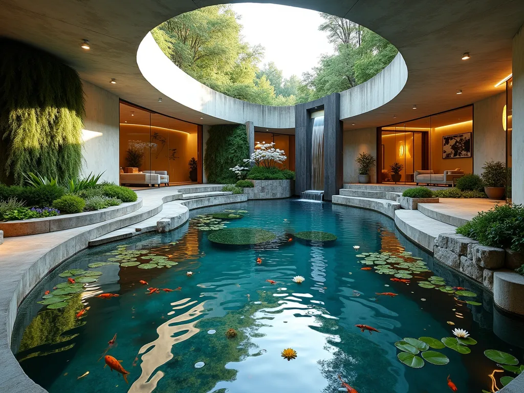 Luxurious Underground Water Garden Sanctuary - A stunning DSLR wide-angle photograph of a contemporary subterranean water garden, captured at golden hour. Multiple glass viewing windows line curved concrete walls, offering mesmerizing views into a series of crystal-clear cascading pools. Koi fish gracefully swim through the azure waters, while water lilies and lotus flowers float serenely on the surface. Natural stone steps lead to a modern circular seating area with built-in benches, surrounded by hanging ferns and moss-covered walls. LED uplighting illuminates the falling water features, creating dramatic reflections on the polished concrete ceiling. Natural filtration systems are subtly integrated with beds of reed plants and water irises along the edges. The space feels both intimate and expansive, with the interplay of natural light through skylights creating ethereal water patterns on the walls. Photographic focus captures the depth and clarity of the water while maintaining sharp detail of the architectural elements, f/8, ISO 100, 1/125 sec.