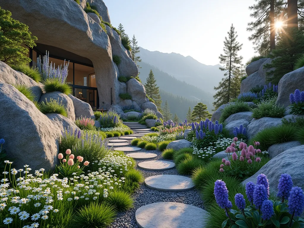 Sunken Alpine Rock Garden Sanctuary - A stunning wide-angle view of a sunken arctic-alpine rock garden at dawn, featuring terraced limestone and granite outcrops cascading down into a naturalistic bowl-shaped depression. Delicate cushion plants and hardy alpine flowers in blues, purples, and whites nestle between weathered rocks. Crystal-clear morning light illuminates miniature evergreens and drought-resistant species. Small copper drainage pipes peek out discretely between rocks, while strategically placed ventilation points are camouflaged by ornamental grasses. The garden includes winding gravel paths and natural stone steps leading down to a intimate seating area, surrounded by Edelweiss, Gentians, and Alpine Phlox in full bloom. Frost-resistant succulents add texture, while a light morning mist adds atmosphere to this high-altitude inspired sanctuary.