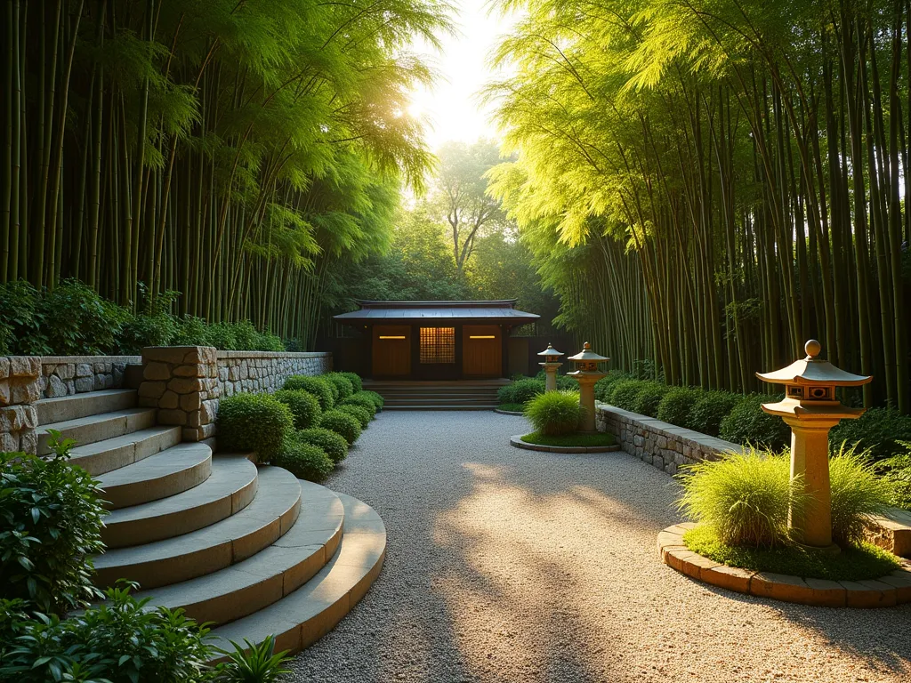 Sunken Bamboo Forest Haven - A serene underground garden space featuring a dense bamboo forest, photographed during golden hour. The sunken garden, viewed from a wide angle, shows stone steps leading down to a peaceful retreat surrounded by towering Phyllostachys aurea bamboo. Traditional Japanese stone lanterns cast soft shadows across a winding gravel path. A small meditation deck sits beneath the swaying bamboo canopy, while a hidden drip irrigation system keeps the space lush. Metal root barriers line the perimeter, cleverly disguised by natural stone walls covered in climbing ferns. Dappled sunlight filters through the bamboo leaves, creating mesmerizing patterns on the ground. In the foreground, dwarf bamboo varieties provide texture at eye level, with Japanese forest grass as ground cover. The space emanates tranquility with its clean lines and minimalist Asian design elements.