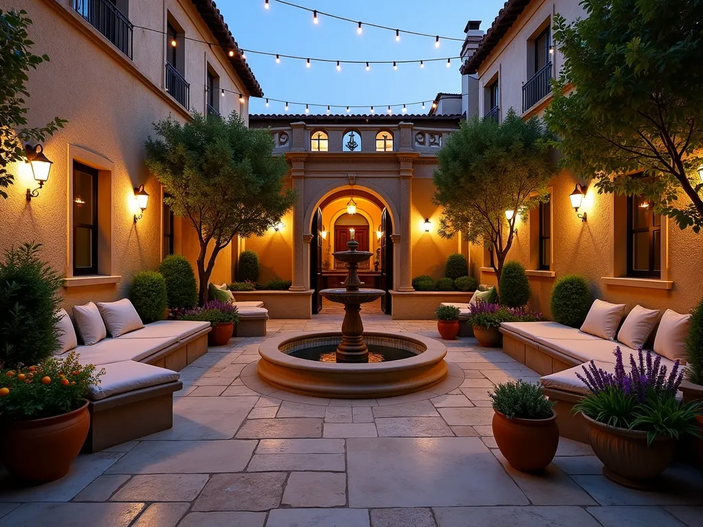 Sunken Mediterranean Courtyard Garden Haven - A dramatic wide-angle dusk shot of a sunken Mediterranean courtyard garden, captured at f/2.8 with warm golden hour lighting. Weathered limestone walls create intimate terraced levels descending 6 feet below ground level. Built-in stone benches with plush weather-resistant cushions line the walls. A classic tiered fountain serves as the central focal point, its gentle water sounds echoing off the textured walls. Mature olive trees and Italian cypress provide vertical interest, while potted citrus trees and lavender borders add Mediterranean charm. Trailing bougainvillea cascades over the upper walls, creating a natural canopy. Terracotta pots filled with fresh herbs and Mediterranean plants dot the limestone paved courtyard. Warm LED uplighting illuminates the architectural elements and creates dramatic shadows, while string lights crisscross overhead, creating a magical evening atmosphere. The lowered perspective emphasizes the cozy, protected feeling of this hidden paradise.