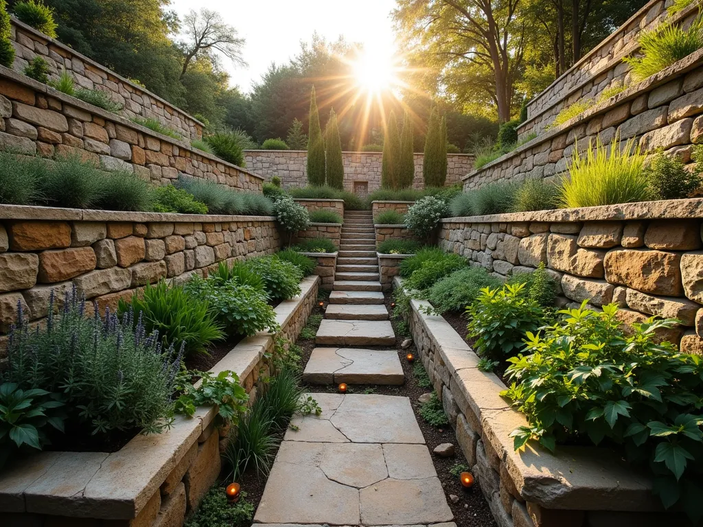 Sunlit Terraced Underground Herb Garden - A stunning wide-angle photograph of a terraced underground herb garden at golden hour, featuring five descending stone-walled levels carved into the earth. Natural stone steps wind down through the terraces, each level showcasing different varieties of herbs in organized sections. Mediterranean herbs like lavender and rosemary occupy the sun-drenched top levels, while shade-loving herbs flourish in the lower tiers. Weathered limestone retaining walls with subtle copper irrigation pipes create a rustic yet sophisticated aesthetic. Soft evening light casts long shadows across the terraces, highlighting the textural contrast between the rough stone walls and the lush herb foliage. Small LED ground lights are tastefully integrated along the pathways. A subtle mist from the irrigation system catches the golden light, creating an ethereal atmosphere. Shot with a wide-angle lens at f/8, capturing the full depth and scale of this subterranean garden paradise.