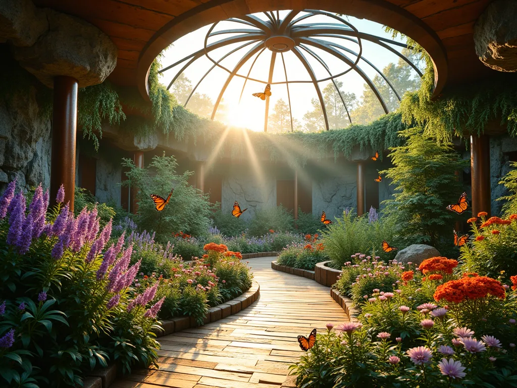 Luminous Underground Butterfly Sanctuary - A professional DSLR photo of a stunning underground butterfly garden during golden hour, shot at f/8, showcasing a circular glass dome ceiling flooding natural light onto lush tropical plants below. Wide-angle perspective capturing butterflies floating through shafts of sunlight, with built-in wooden pathways winding through dense vegetation. Featured elements include purple butterfly bush, lantana clusters, and native wildflowers in raised garden beds. Contemporary integrated seating areas with copper accents complement the natural stone walls. Ventilation systems elegantly concealed behind living wall segments. Multiple Monarch and Swallowtail butterflies visible near nectar feeding stations. The space exudes a magical, ethereal quality with the interplay of light, shadow, and delicate wing movements.